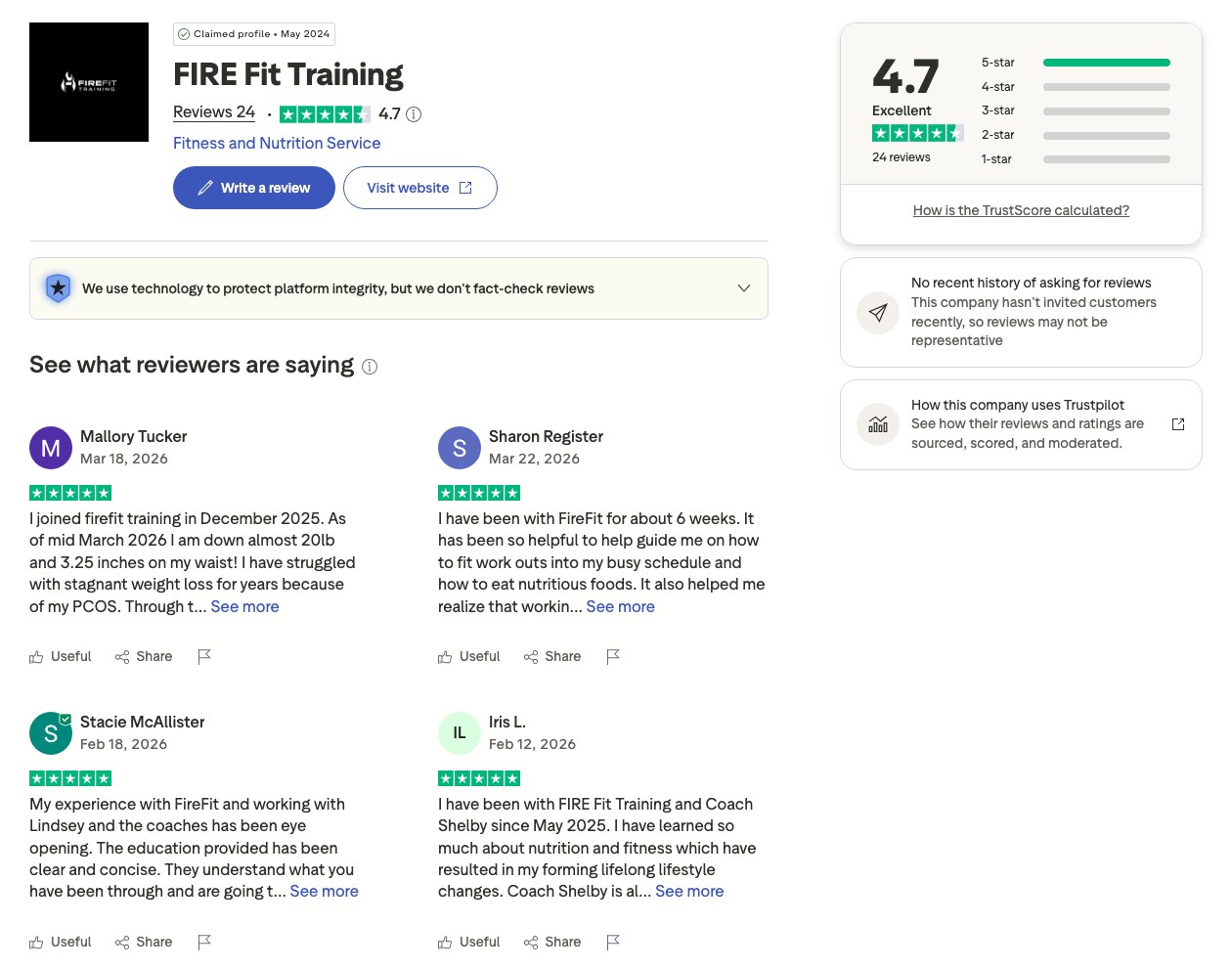 Trustpilot: FIRE Fit Training rated 4.7 of 5 across 24 reviews